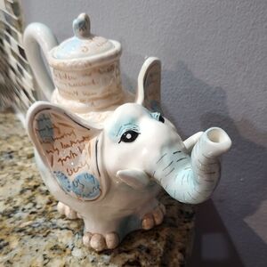 Blue Sky Ceramic Elephant Teapot Blue and Cream Art